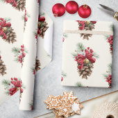 Waterverf  Pine Cone Red Holly Berries Cadeaupapier