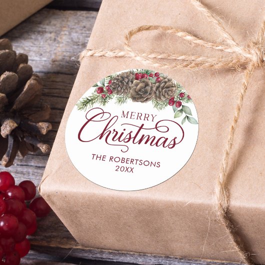 Waterverf Pine Cone Script Vrolijk Kerstfeest Ronde Sticker