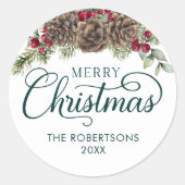 Waterverf Pine Cone Script Vrolijk Kerstgroen Ronde Sticker (Voorkant)