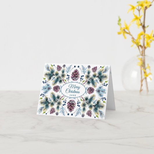 Waterverf Pine Cones Branch Kerstgroet Kaart (Gele Bloem)