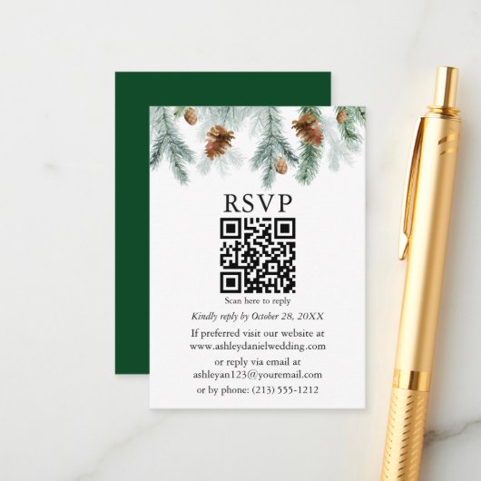 Waterverf Pine Cones Wedding QR RSVP Informatiekaartje (Voorkant / Achterkant in situ)