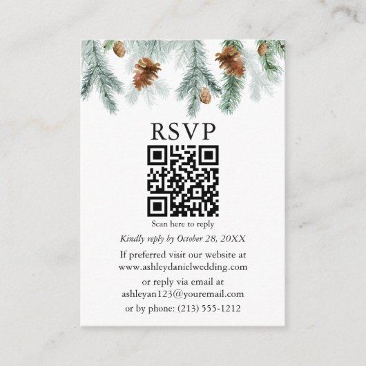 Waterverf Pine Cones Wedding QR RSVP Informatiekaartje (Voorkant)