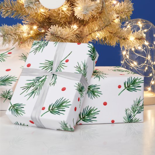 Waterverf Pine en Berries Patroon Cadeaupapier (Feestdagen)