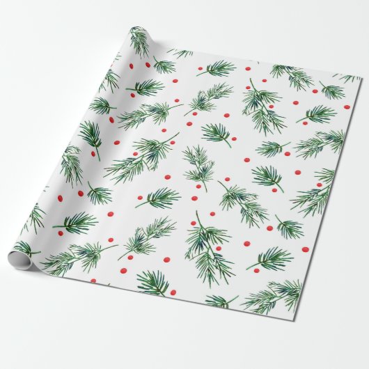 Waterverf Pine en Berries Patroon Cadeaupapier (Uitgerold)
