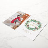 Waterverf Pine en Berry Wreate kerstfoto Folie Uitnodiging (Gedraaid)