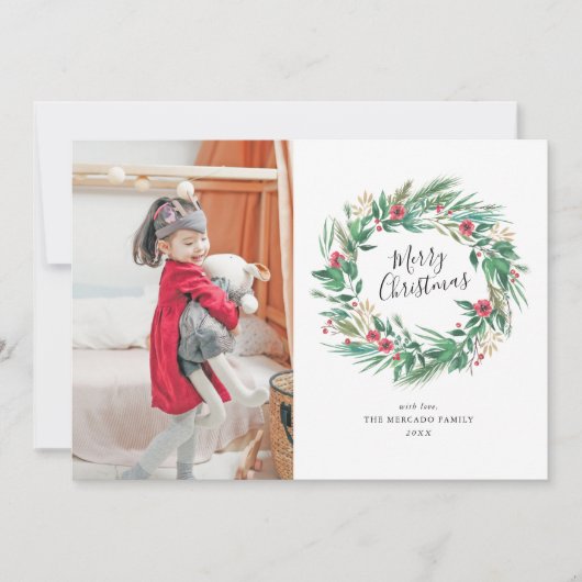 Waterverf Pine en Berry Wreate kerstfoto Kaart (Voorkant)
