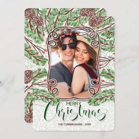Waterverf Pine en Branches Serie-kerstfoto Feestdagenkaart (Voorkant / Achterkant)
