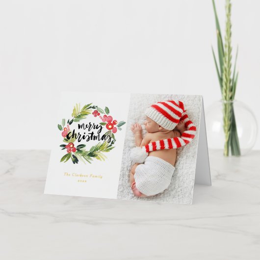 Waterverf Pine en Holly Krans Kerstfoto Folie Feestdagenkaart (Voorkant)