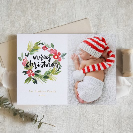 Waterverf Pine en Holly Krans Kerstfoto Folie Feestdagenkaart