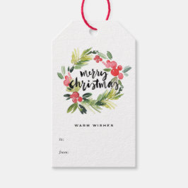 Waterverf Pine en Holly Krans Vrolijk Kerstfeest Cadeaulabel