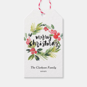 Waterverf Pine en Holly Krans Vrolijk Kerstfeest Cadeaulabel