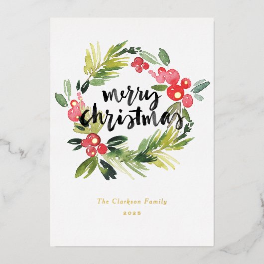 Waterverf Pine en Holly Krans Vrolijk Kerstfeest Folie Feestdagenkaart (Voorkant)