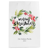 Waterverf Pine en Holly Krans Vrolijk Kerstfeest Medium Cadeauzakje (Voorkant)