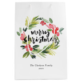 Waterverf Pine en Holly Krans Vrolijk Kerstfeest Medium Cadeauzakje