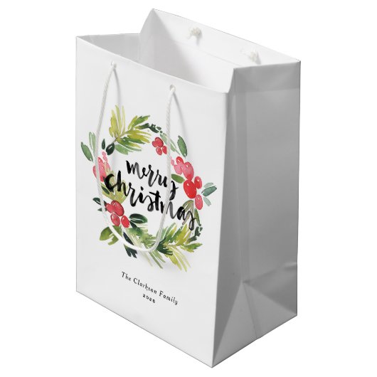 Waterverf Pine en Holly Krans Vrolijk Kerstfeest Medium Cadeauzakje (Voorkant Gekanteld)
