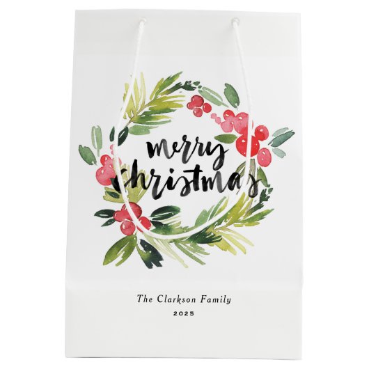 Waterverf Pine en Holly Krans Vrolijk Kerstfeest Medium Cadeauzakje (Achterkant)