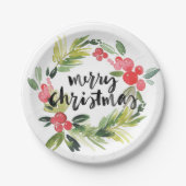 Waterverf Pine en Holly Krans Vrolijk Kerstfeest Papieren Bordje (Voorkant)
