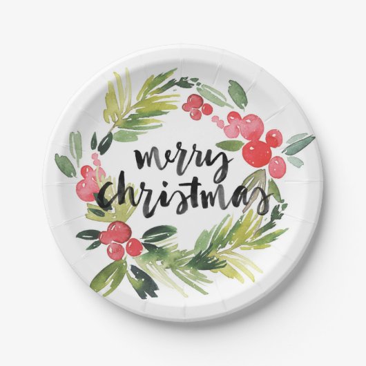 Waterverf Pine en Holly Krans Vrolijk Kerstfeest Papieren Bordje (Voorkant)