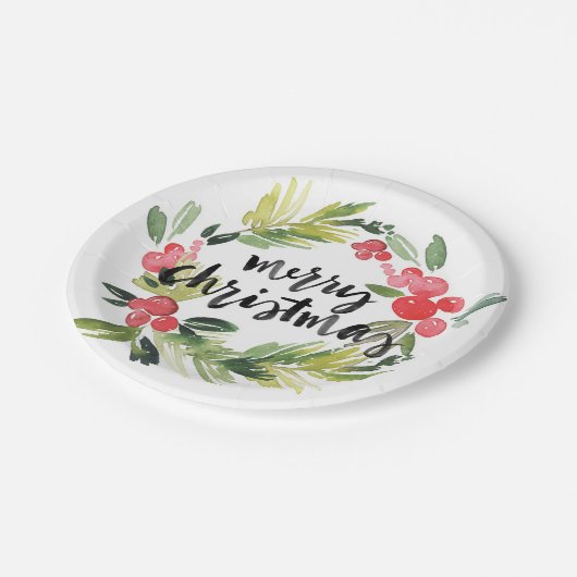 Waterverf Pine en Holly Krans Vrolijk Kerstfeest Papieren Bordje (Gekanteld)