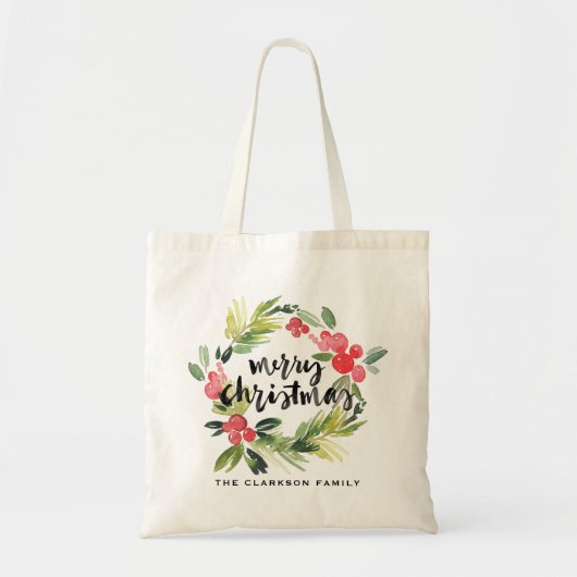 Waterverf Pine en Holly Krans Vrolijk Kerstfeest Tote Bag (Voorkant)