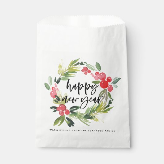 Waterverf Pine en Holly Wreath Gelukkig Nieuwjaar Bedankzakje (Voorkant)
