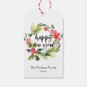 Waterverf Pine en Holly Wreath Gelukkig Nieuwjaar Cadeaulabel (Achterkant)