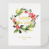 Waterverf Pine en Holly Wreath Gelukkig Nieuwjaar Folie Feestdagen Briefkaart (Voorkant)