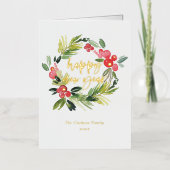 Waterverf Pine en Holly Wreath Gelukkig Nieuwjaar Folie Feestdagenkaart (Voorkant)