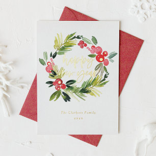 Waterverf Pine en Holly Wreath Gelukkig Nieuwjaar Folie Feestdagenkaart
