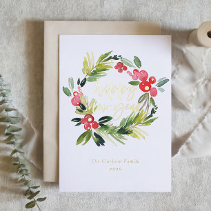 Waterverf Pine en Holly Wreath Gelukkig Nieuwjaar Folie Feestdagenkaart