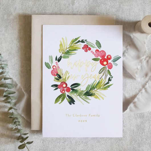 Waterverf Pine en Holly Wreath Gelukkig Nieuwjaar Folie Feestdagenkaart