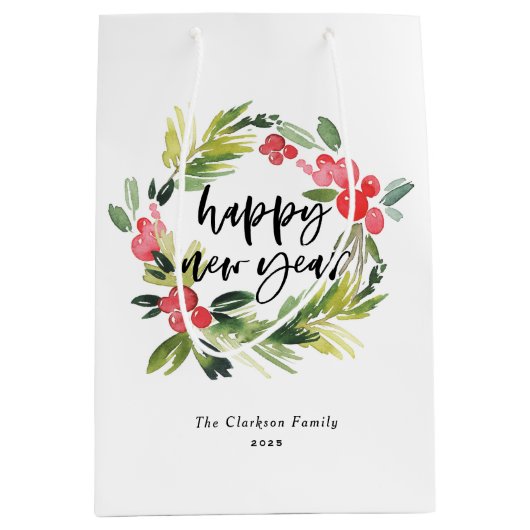 Waterverf Pine en Holly Wreath Gelukkig Nieuwjaar Medium Cadeauzakje (Voorkant)