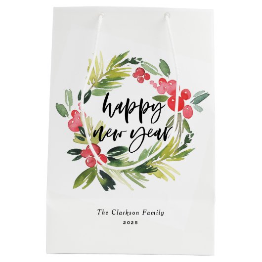 Waterverf Pine en Holly Wreath Gelukkig Nieuwjaar Medium Cadeauzakje (Achterkant)