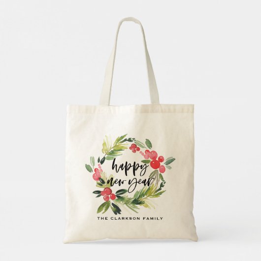 Waterverf Pine en Holly Wreath Gelukkig Nieuwjaar Tote Bag (Achterkant)