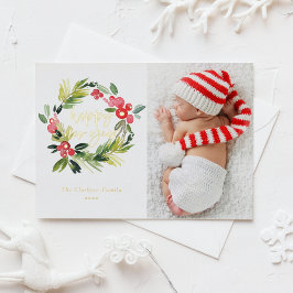 Waterverf Pine en Holly Wreath Nieuwjaarsfoto Folie Feestdagen Briefkaart