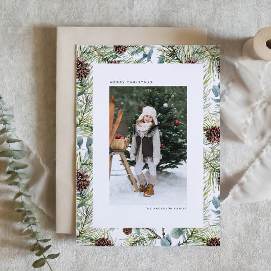 Waterverf Pine en Pine Cones Foto Kerst Feestdagen Kaart