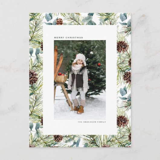 Waterverf Pine en Pine Cones Foto Kerst Feestdagenkaart (Voorkant)