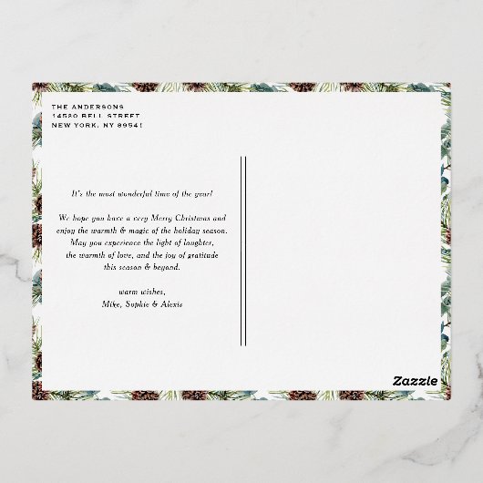 Waterverf Pine en Pine Cones Foto Kerst Folie Feestdagen Briefkaart (Achterkant)