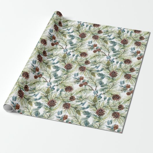 Waterverf Pine en Pine Cones Patroon Kerst Cadeaupapier (Uitgerold)