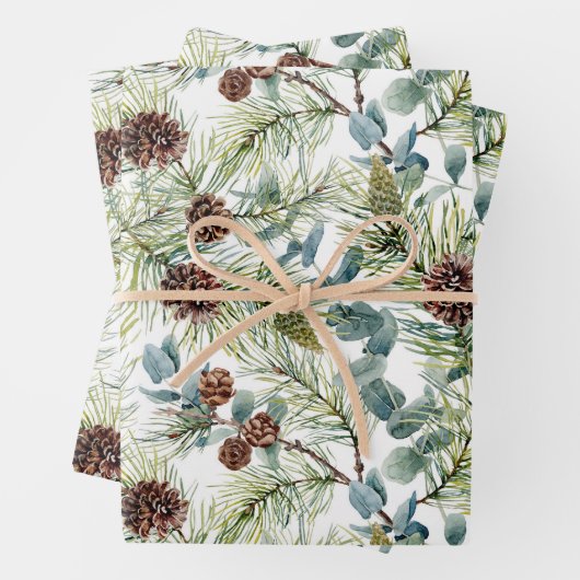 Waterverf Pine en Pine Cones Patroon Kerst Inpakpapier Vel (In situ)