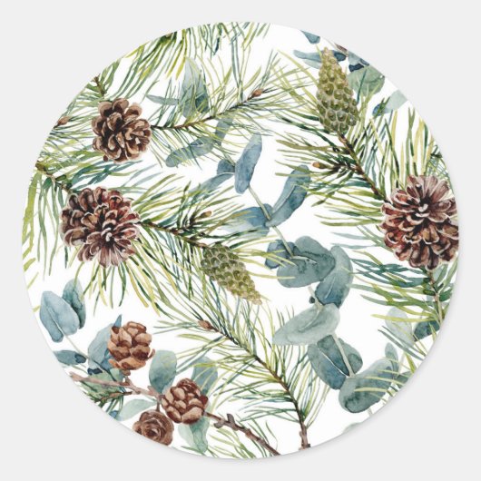 Waterverf Pine en Pine Cones Patroon Kerst Ronde Sticker (Voorkant)