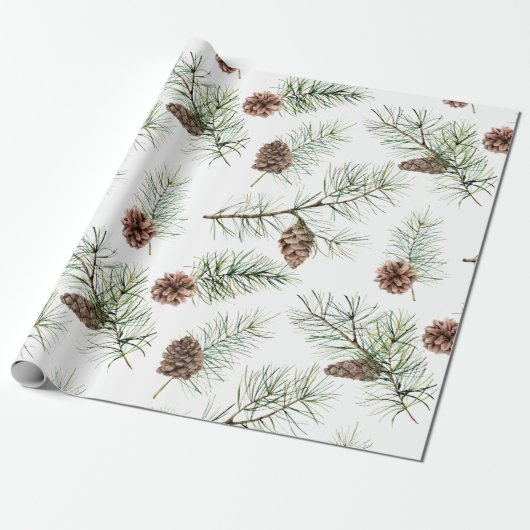 Waterverf Pine en Pinecones Holiday Cadeaupapier (Uitgerold)
