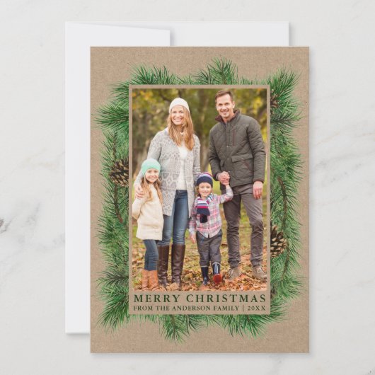 Waterverf Pine Family Foto Kraft Green Feestdagenkaart (Voorkant)