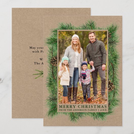 Waterverf Pine Family Foto Kraft Green Feestdagenkaart (Voorkant / Achterkant)