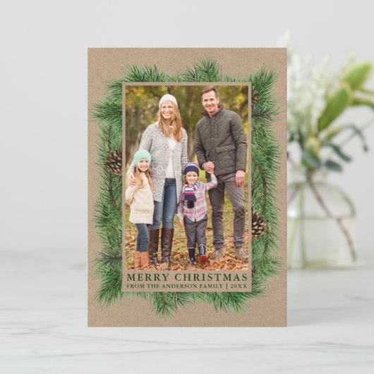Waterverf Pine Family Foto Kraft Green Feestdagenkaart (Staand voorkant)