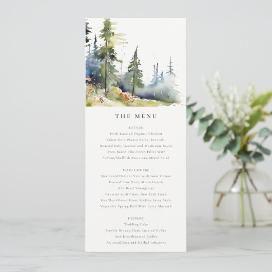 Waterverf Pine Forest Landschap Wedding Menu Kaart (Staand voorkant)