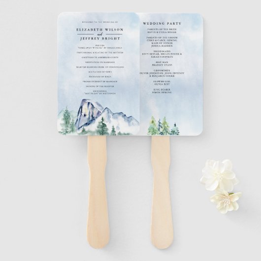 Waterverf Pine Forest Winter Wedding Programme Handwaaier (Voorkant en achterkant)
