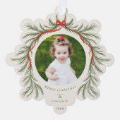 Waterverf Pine Garland Red Bow Foto Ornament Kaart (Voorkant)