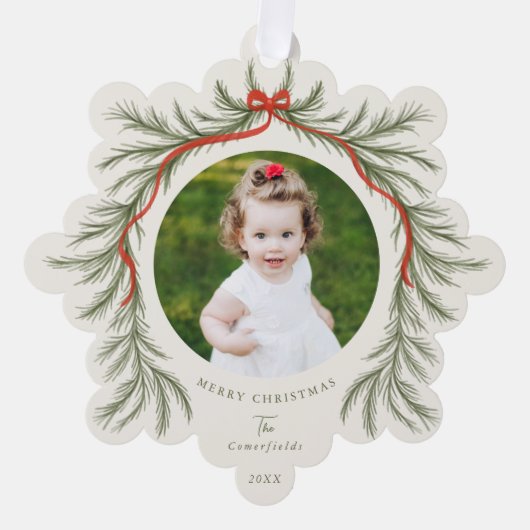 Waterverf Pine Garland Red Bow Foto Ornament Kaart (Voorkant)