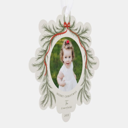 Waterverf Pine Garland Red Bow Foto Ornament Kaart (Rechts)